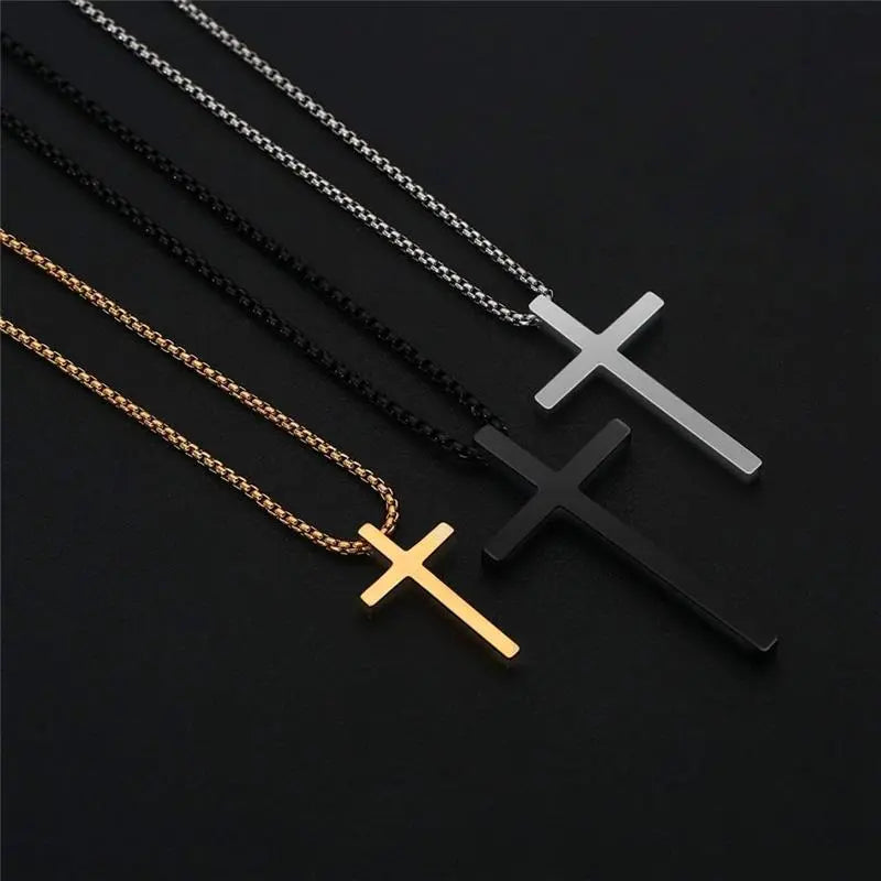 Men'S Stainless Steel Plain Cross Pendant Necklace in Black/Silver/Gold, Box Chain 18 Inches
