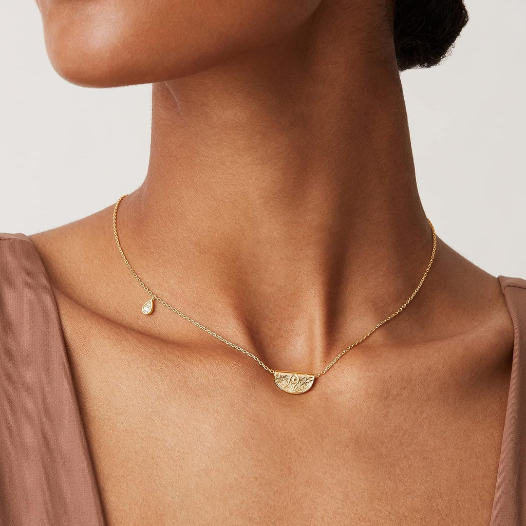 14K Gold Plated Engraved Coin Pendant Necklaces for Women