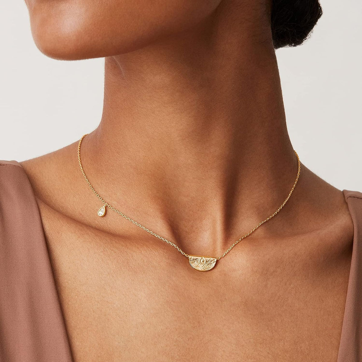 14K Gold Plated Engraved Coin Pendant Necklaces for Women