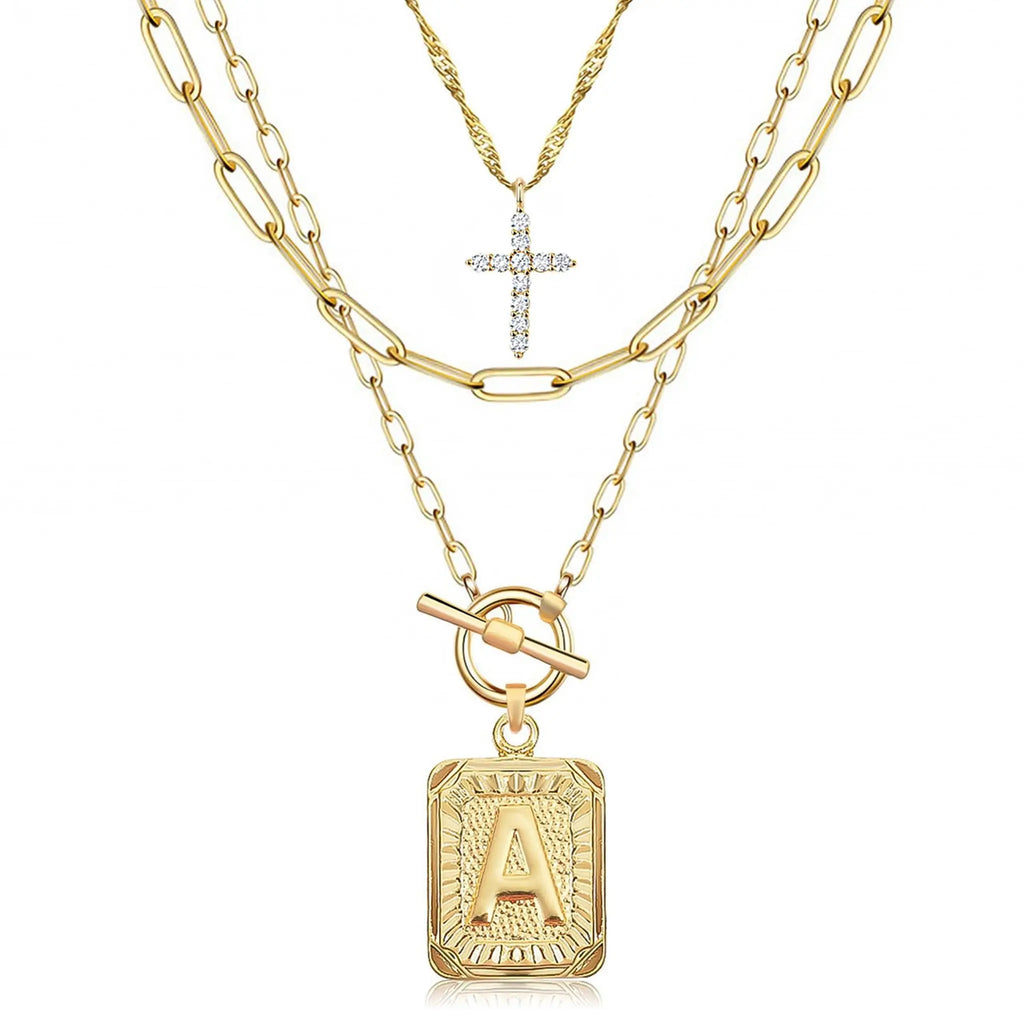 14K Gold Plated Layered Initial Necklaces for Women Trendy, Simple Cross Choker Square Letter Pendant Necklace, Paperclip Chain Necklaces Jewelry