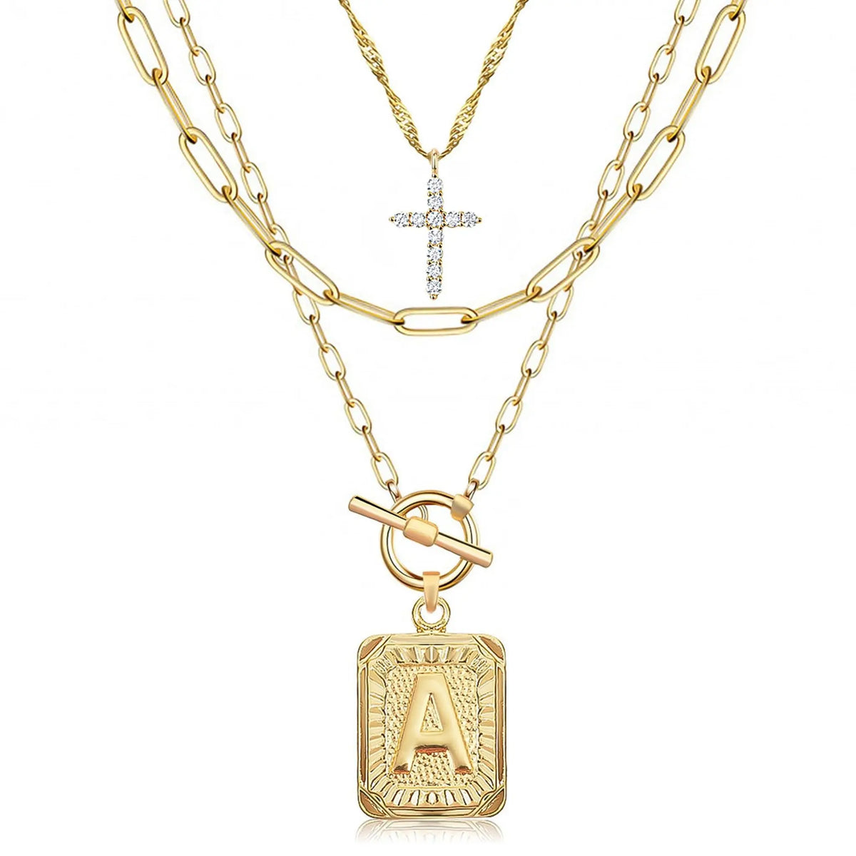 14K Gold Plated Layered Initial Necklaces for Women Trendy, Simple Cross Choker Square Letter Pendant Necklace, Paperclip Chain Necklaces Jewelry