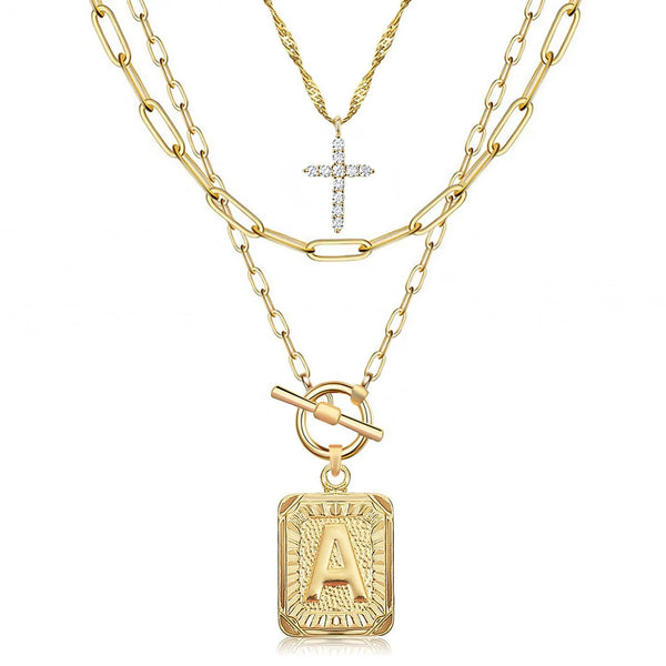 14K Gold Plated Layered Initial Necklaces for Women Trendy, Simple Cross Choker Square Letter Pendant Necklace, Paperclip Chain Necklaces Jewelry