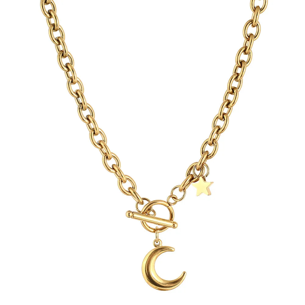 Stainless Steel Toggle Thick Chain with Star Moon Pendant Necklaces Women'S Fashion Jewelry Gift