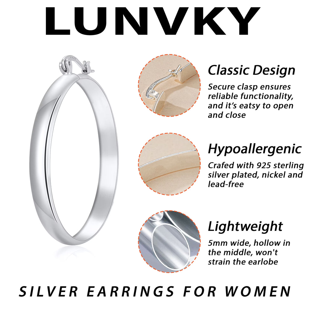 18K White Gold Plated Hoop Earrings for Women Big Chunky S925 Sterling Silver Post Hypoallergenic Earrings Birthday Graduation Jewelry Gifts Teen Her Mom Girlfriend Wife Adults Ideas 50Mm