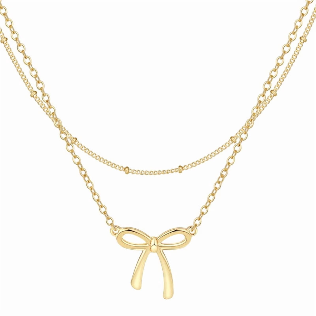 14K Gold Plated Layered Bow Necklace for Women – Dainty Satellite & O Chain Pendant