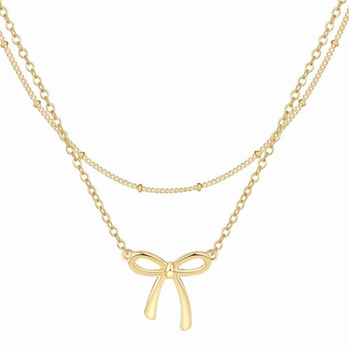14K Gold Plated Layered Bow Necklace for Women – Dainty Satellite & O Chain Pendant