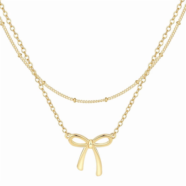 14K Gold Plated Layered Bow Necklace for Women – Dainty Satellite & O Chain Pendant