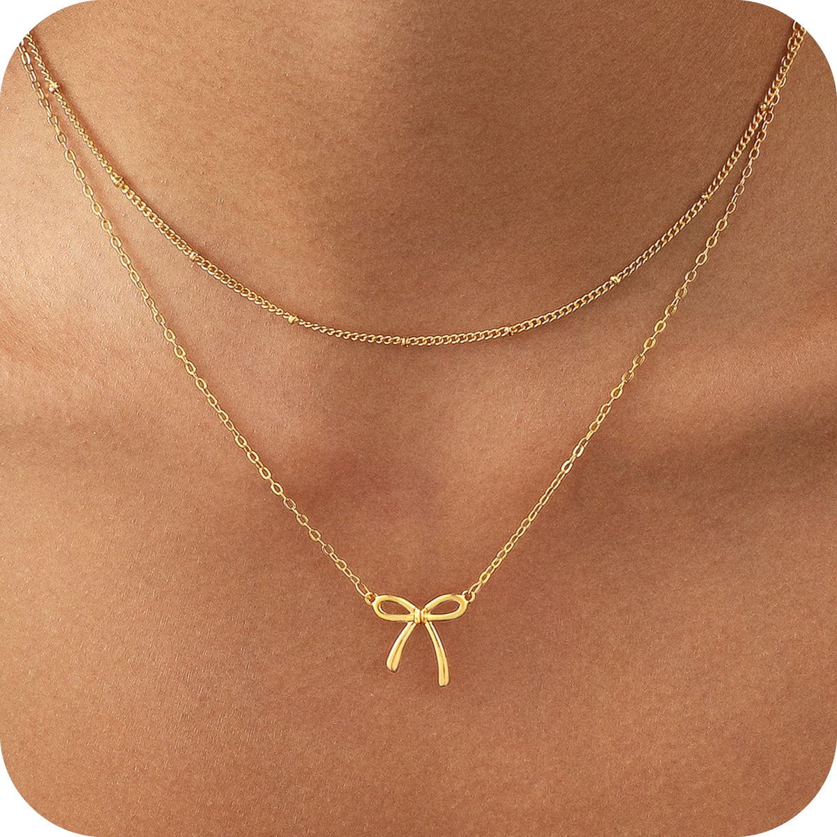 14K Gold Plated Layered Bow Necklace for Women – Dainty Satellite & O Chain Pendant
