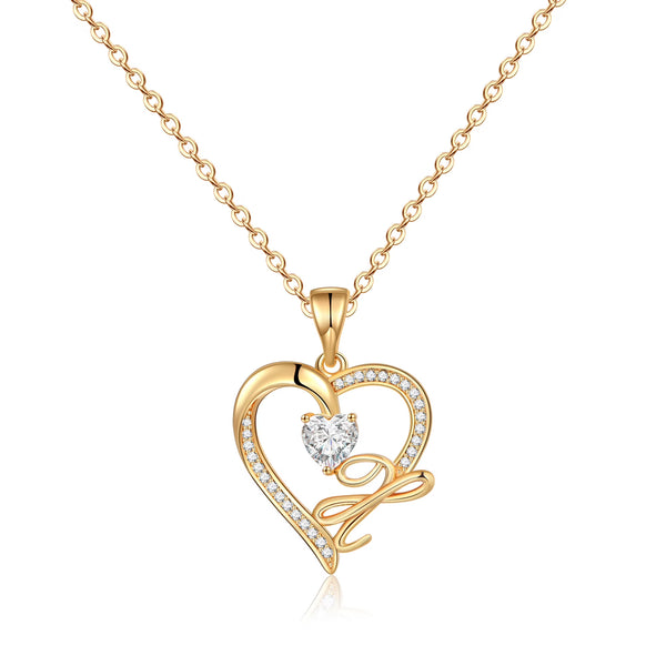 14K Gold Plated Initial Heart Necklace for Women | CZ Pendant
