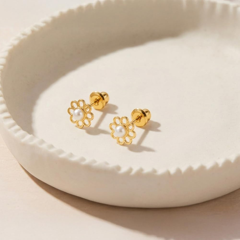 14K Yellow Gold Flower Cultured Pearl Kids Earrings