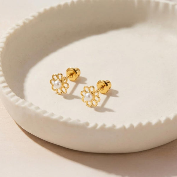 14K Yellow Gold Flower Cultured Pearl Kids Earrings