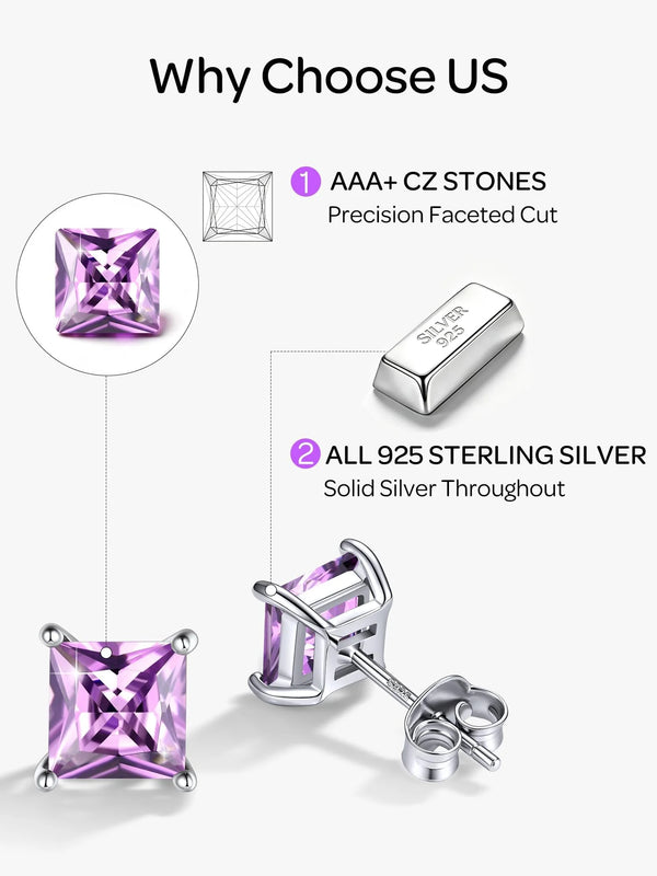 925 Sterling Silver Earrings for Women Sensitive Ears 6Mm Cubic Zirconia Princess Cut Birthstone Studs Hypoallergenic Birthday Graduation Valentines Day Christmas Jewelry Gifts for Her