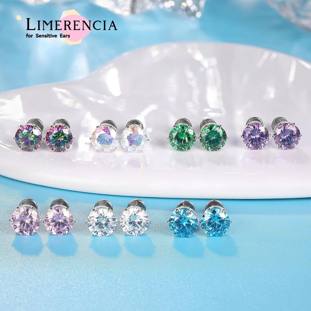 Implant Grade Titanium Stud Earrings 6MM Multicolor CZ for Women
