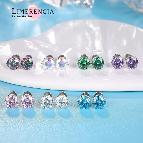 Implant Grade Titanium Stud Earrings 6MM Multicolor CZ for Women