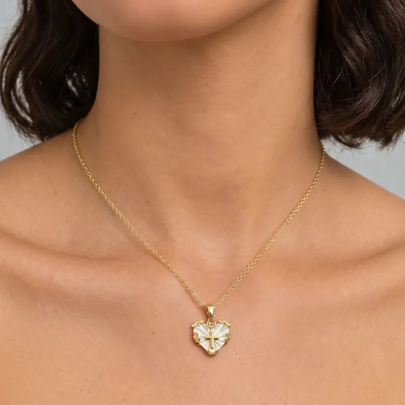 Loyalove Heart Cross Necklace for Women 14K Gold Plated, Dainty White Mother of Pearl Style Christian Faith Jewelry, Adjustable 16.5-18.5 Inch, Meaningful Gift