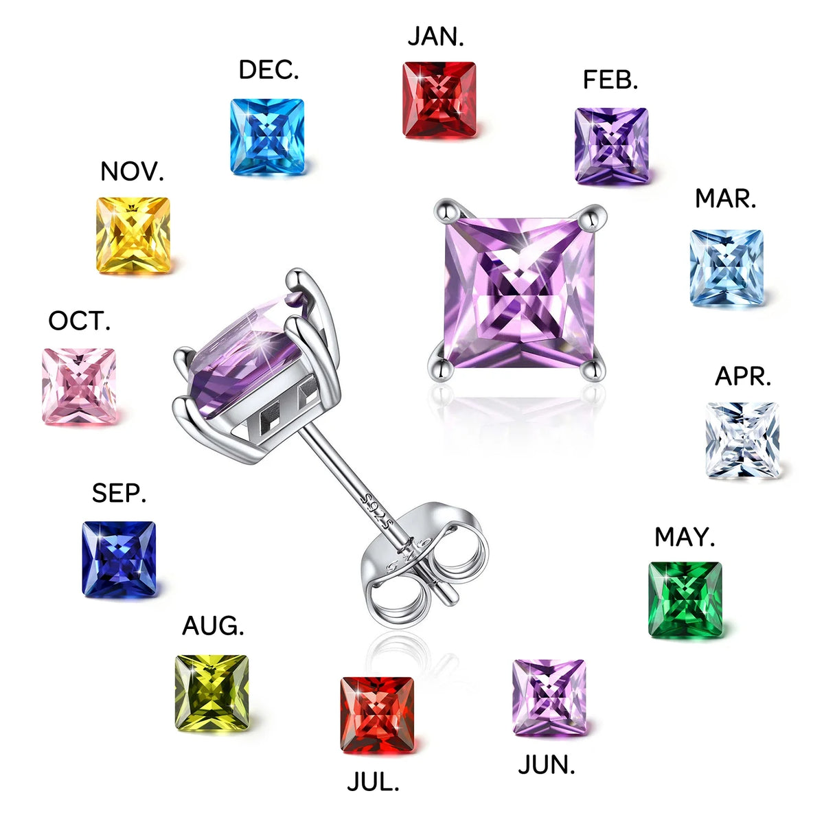 925 Sterling Silver Earrings for Women Sensitive Ears 6Mm Cubic Zirconia Princess Cut Birthstone Studs Hypoallergenic Birthday Graduation Valentines Day Christmas Jewelry Gifts for Her