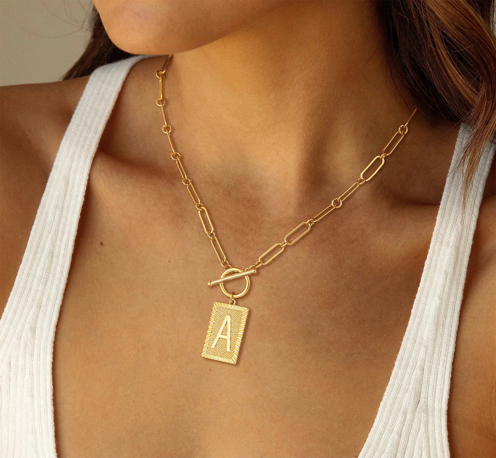 Tewiky 14K Gold Plated Neclace for Women Initial Necklaces for Women, Toggle Clasp Square Letter Pendant Necklace Trendy Dainty Paperclip Chain Necklaces Jewelry Gifts, Gift
