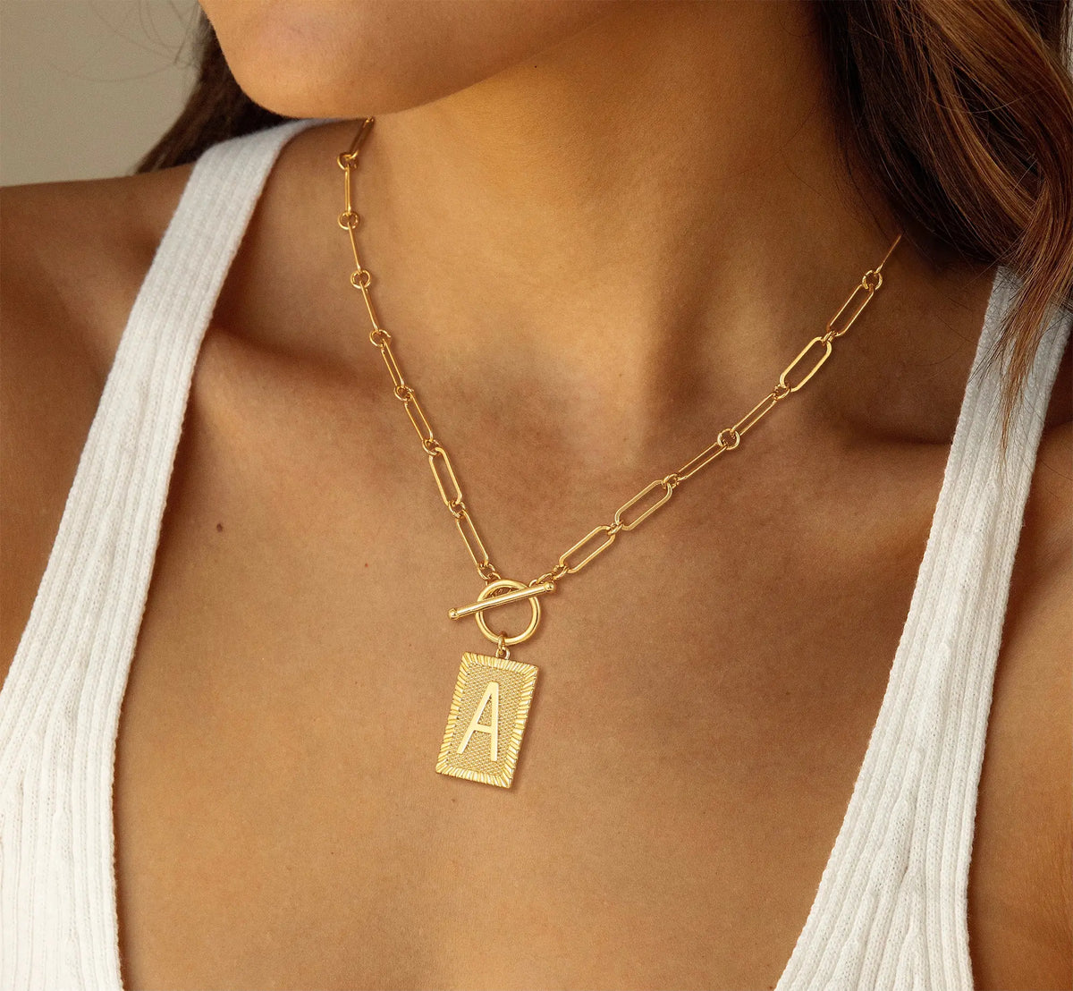 Tewiky 14K Gold Plated Neclace for Women Initial Necklaces for Women, Toggle Clasp Square Letter Pendant Necklace Trendy Dainty Paperclip Chain Necklaces Jewelry Gifts, Gift