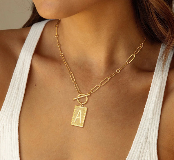 Tewiky 14K Gold Plated Neclace for Women Initial Necklaces for Women, Toggle Clasp Square Letter Pendant Necklace Trendy Dainty Paperclip Chain Necklaces Jewelry Gifts, Gift