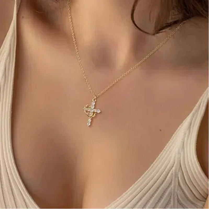 Tewiky 14K Gold Plated Crown Cross Zircon Pendant Necklace for Women-Dainty 14K Gold Cubic Zirconia Pendant Necklaces Simple Gold Cross Pendant Necklace for Easter Gifts