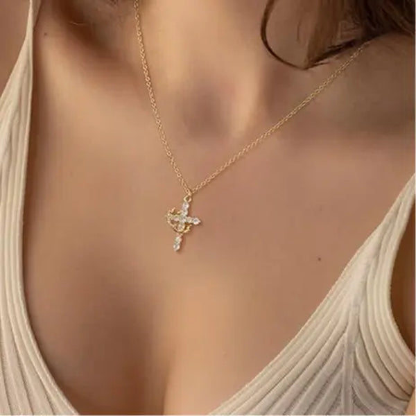Tewiky 14K Gold Plated Crown Cross Zircon Pendant Necklace for Women-Dainty 14K Gold Cubic Zirconia Pendant Necklaces Simple Gold Cross Pendant Necklace for Easter Gifts