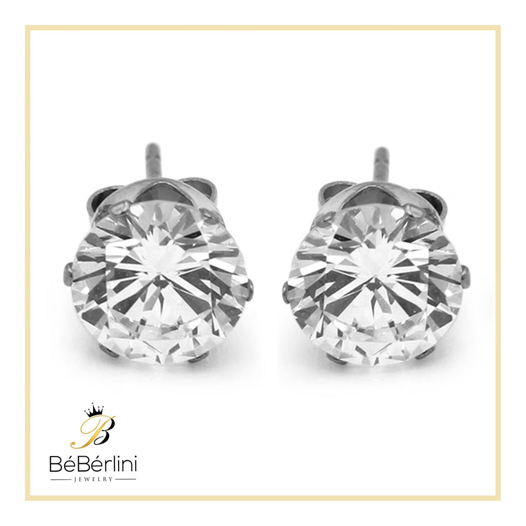 Women Stud Earrings Cubic Zirconia Silver Stainless Steel Jewelry round 8 Mm