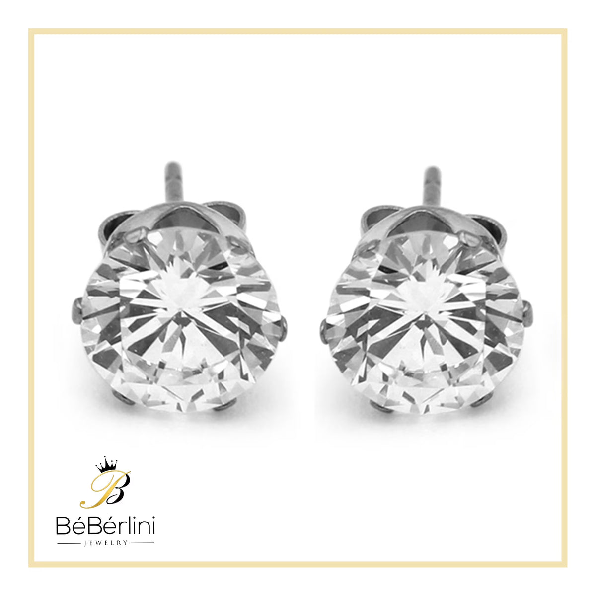 Women Stud Earrings Cubic Zirconia Silver Stainless Steel Jewelry round 8 Mm