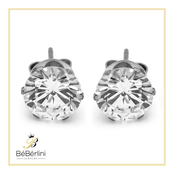 Women Stud Earrings Cubic Zirconia Silver Stainless Steel Jewelry round 8 Mm
