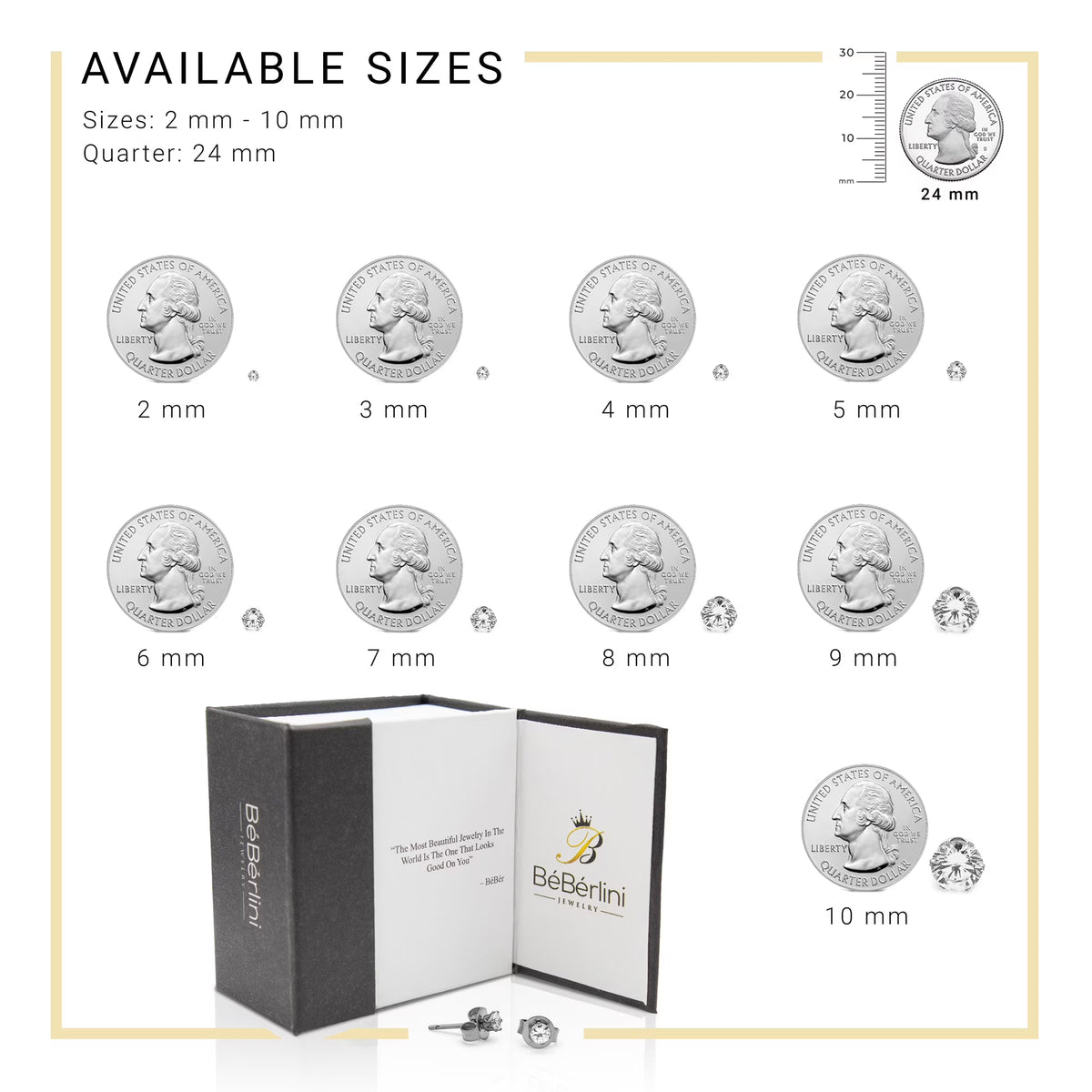 Women Stud Earrings Cubic Zirconia Silver Stainless Steel Jewelry round 8 Mm