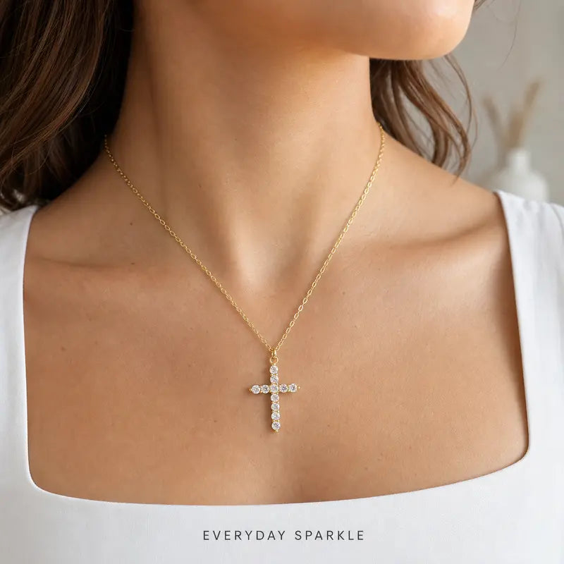Women'S Minimalist 2-Piece Layered Cross Necklaces Set, 14K Gold Plated Stainless Steel Beaded Chain, Sparkling Cross Pendant, Costume Jewelry for Women, Necklaces for Women
