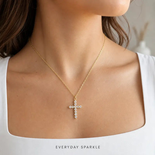 Women'S Minimalist 2-Piece Layered Cross Necklaces Set, 14K Gold Plated Stainless Steel Beaded Chain, Sparkling Cross Pendant, Costume Jewelry for Women, Necklaces for Women