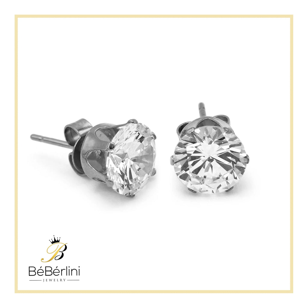 Women Stud Earrings Cubic Zirconia Silver Stainless Steel Jewelry round 8 Mm