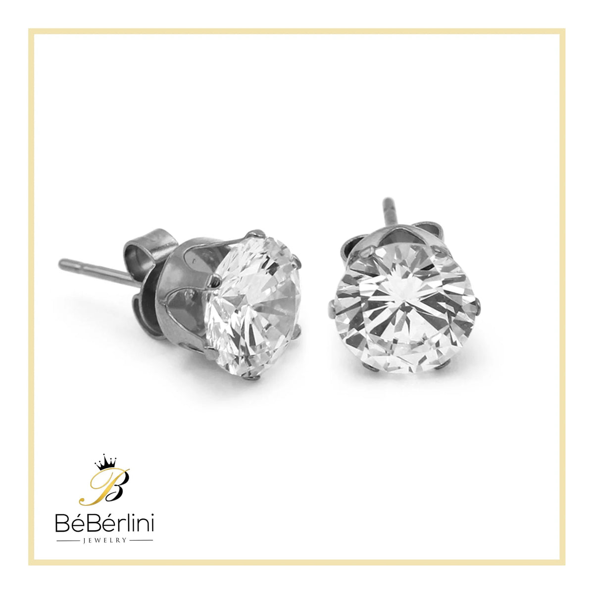 Women Stud Earrings Cubic Zirconia Silver Stainless Steel Jewelry round 8 Mm