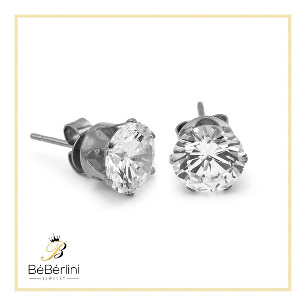 Women Stud Earrings Cubic Zirconia Silver Stainless Steel Jewelry round 8 Mm