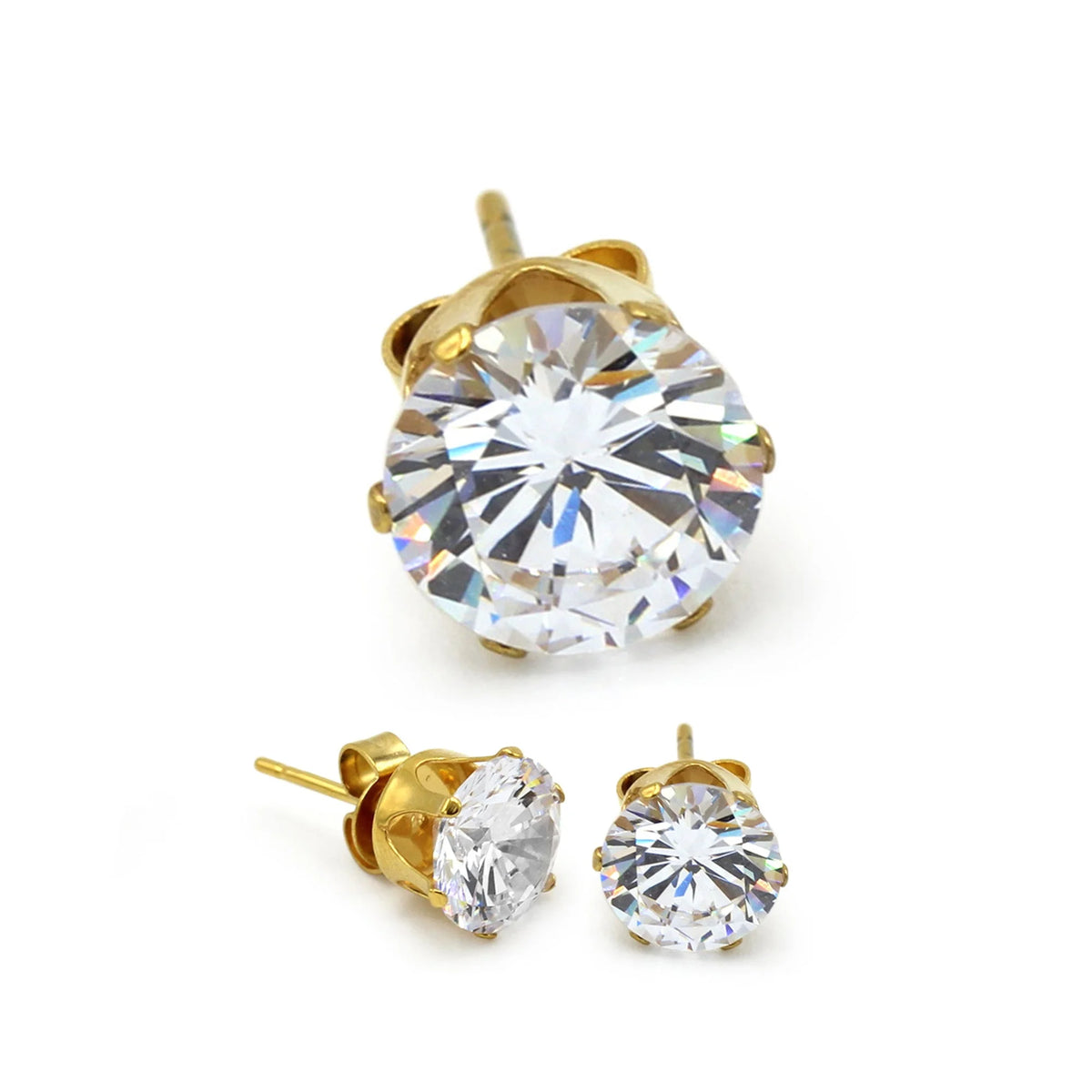 Men Stud Earrings CZ 14K Gold Plated Stainless Steel Jewelry round 8 Mm