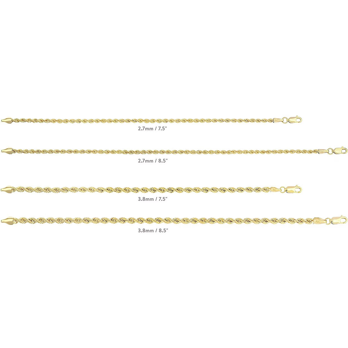 Gold Filled Chain Bracelet Collection - 14K Solid Yellow Gold Filled Rope Chain Bracelets (2.7Mm-3.8Mm) for Women and Men with Different Sizes (2.7Mm, 3.8Mm)