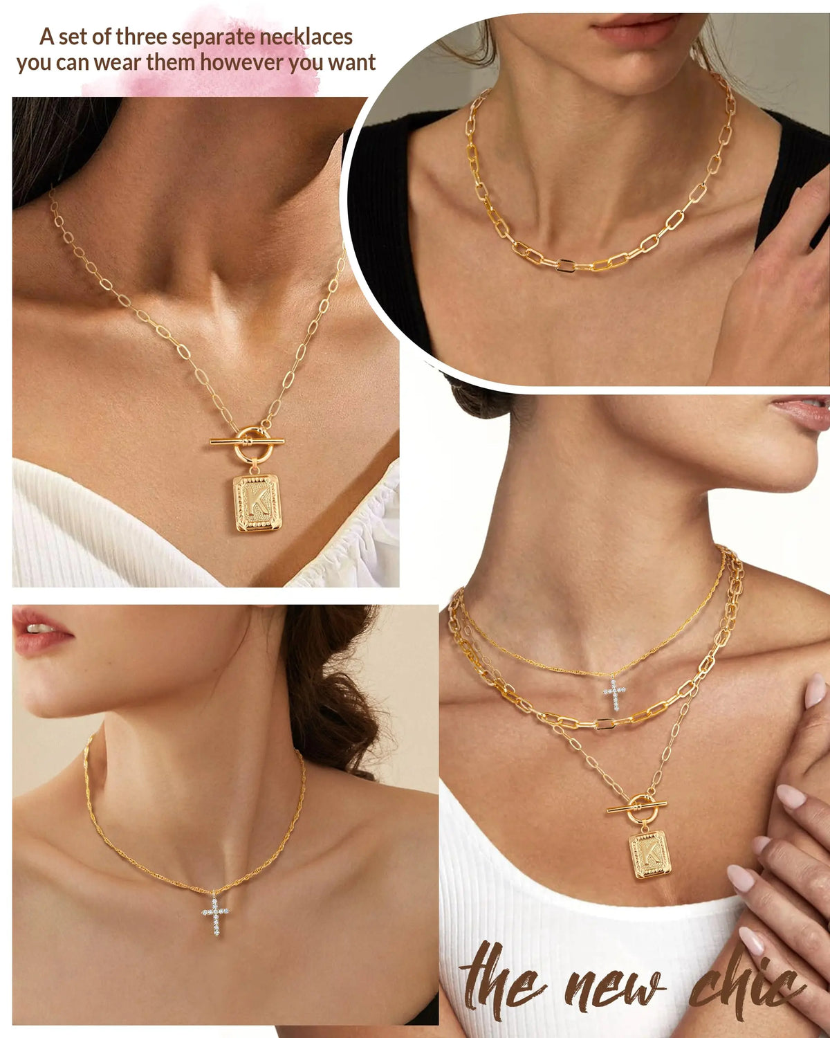14K Gold Plated Layered Initial Necklaces for Women Trendy, Simple Cross Choker Square Letter Pendant Necklace, Paperclip Chain Necklaces Jewelry