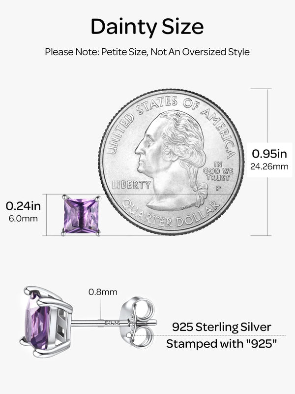 925 Sterling Silver Earrings for Women Sensitive Ears 6Mm Cubic Zirconia Princess Cut Birthstone Studs Hypoallergenic Birthday Graduation Valentines Day Christmas Jewelry Gifts for Her