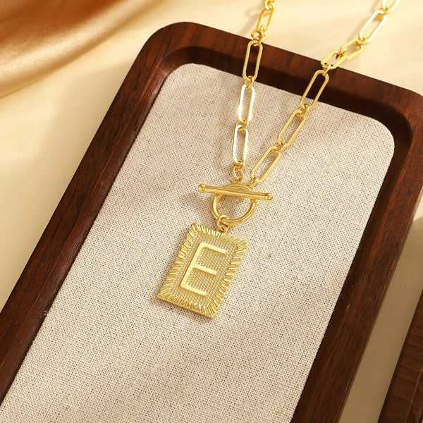 Tewiky 14K Gold Plated Neclace for Women Initial Necklaces for Women, Toggle Clasp Square Letter Pendant Necklace Trendy Dainty Paperclip Chain Necklaces Jewelry Gifts, Gift