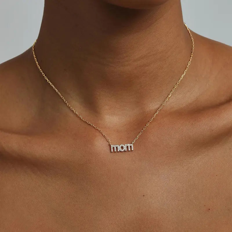PAVOI 14K Gold Plated Mom Necklace for Women - Mama Pendant Necklaces Gold Jewelry Gift for Mothers Day - Trendy Pendant New Mom Jewelry with Cubic Zirconia, Heart, Bubble Letter