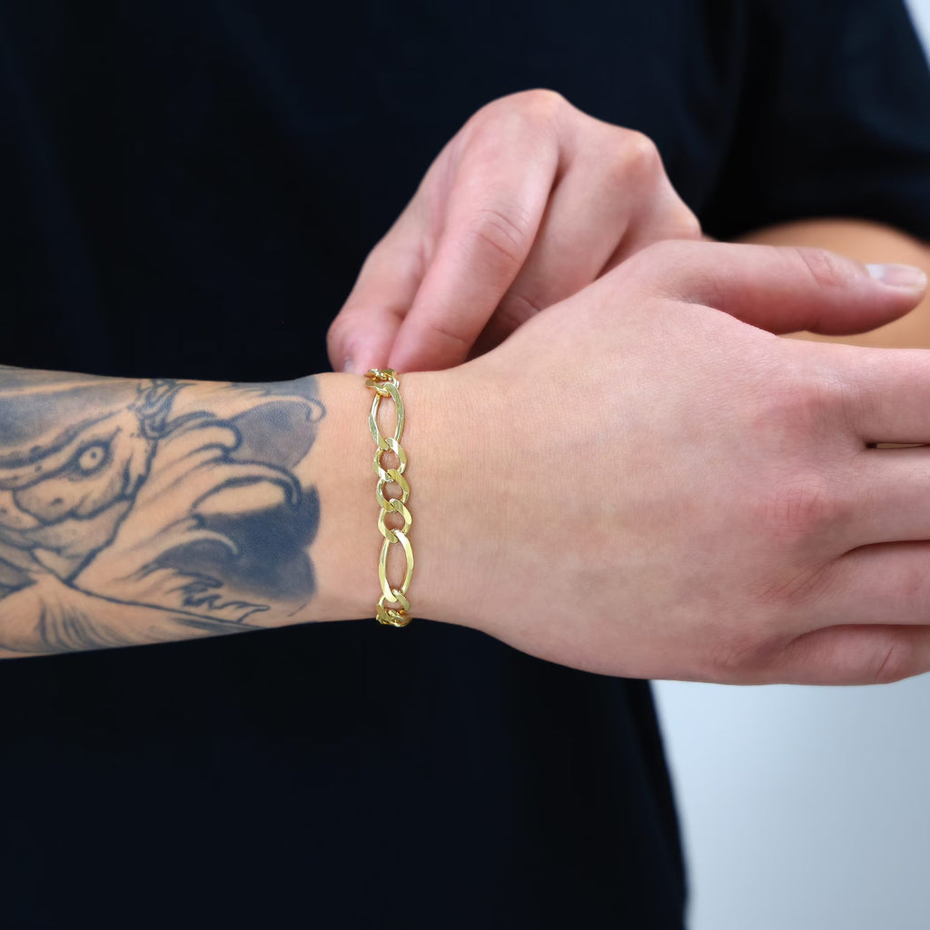 14K Real Yellow Gold Solid Figaro Link 8Mm Thick Chain Bracelet (7"-9") Italian Jewelry for Men
