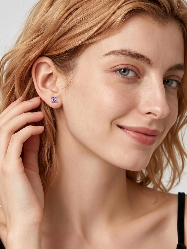 925 Sterling Silver Earrings for Women Sensitive Ears 6Mm Cubic Zirconia Princess Cut Birthstone Studs Hypoallergenic Birthday Graduation Valentines Day Christmas Jewelry Gifts for Her