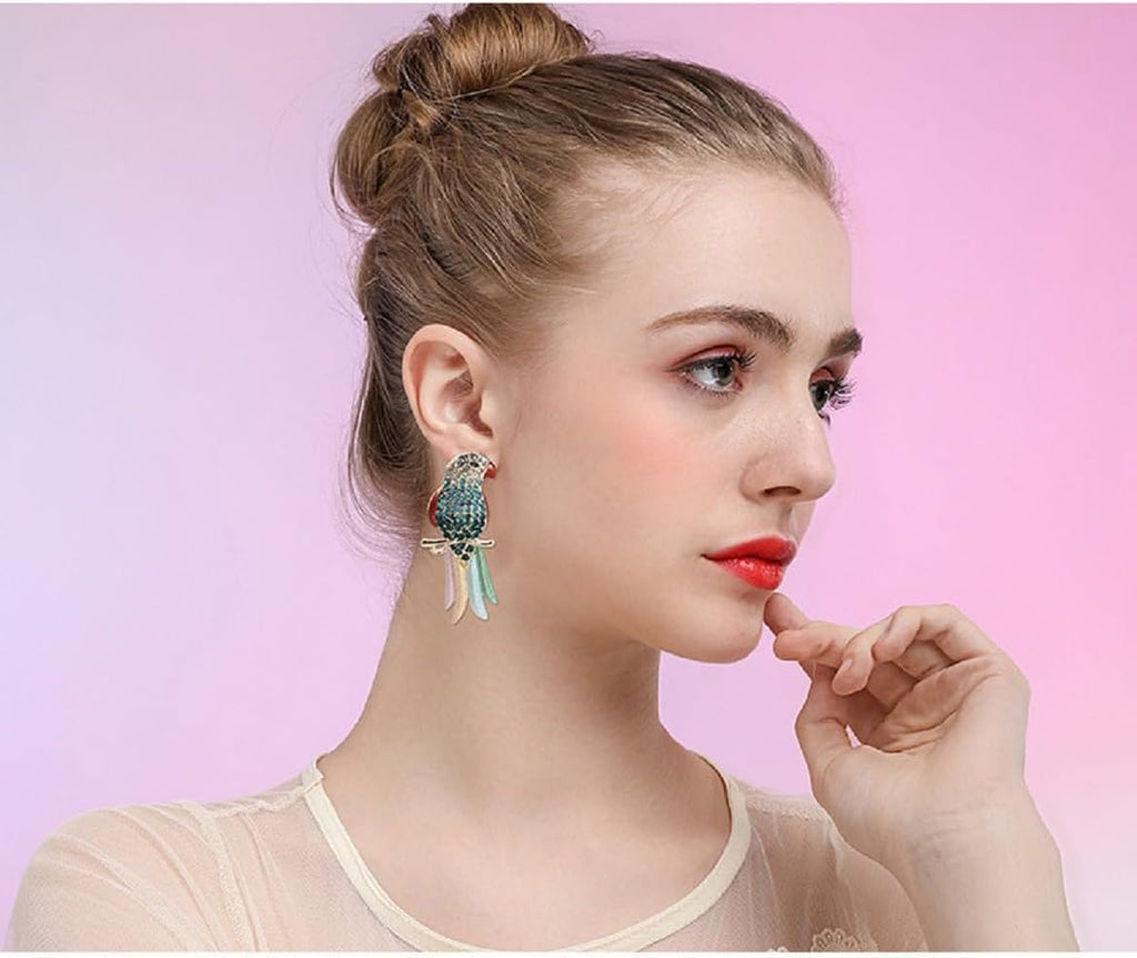 Tropical Parrot Tassel Earrings, Colorful Parrot Bird Dangle Earrings for Women, Bohemian Tree Branch Parrot Vacation Earrings for Ladies, Cute Animal Parrot Statement Earrings Summer Boho Jewelry