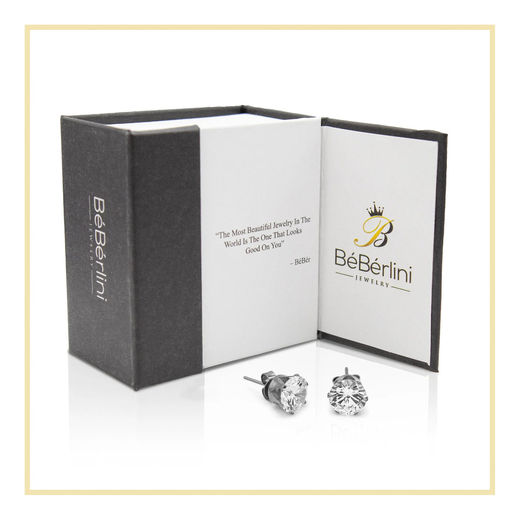 Women Stud Earrings Cubic Zirconia Silver Stainless Steel Jewelry round 8 Mm