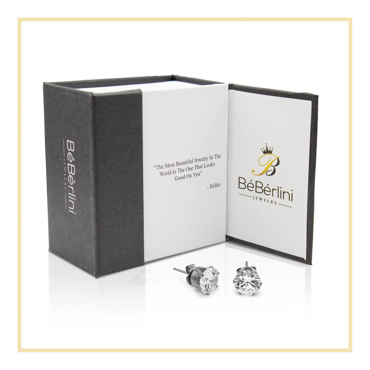 Women Stud Earrings Cubic Zirconia Silver Stainless Steel Jewelry round 8 Mm