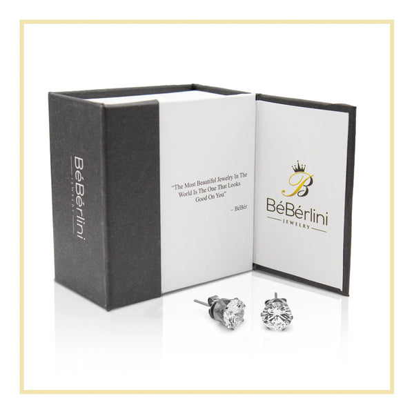 Women Stud Earrings Cubic Zirconia Silver Stainless Steel Jewelry round 8 Mm