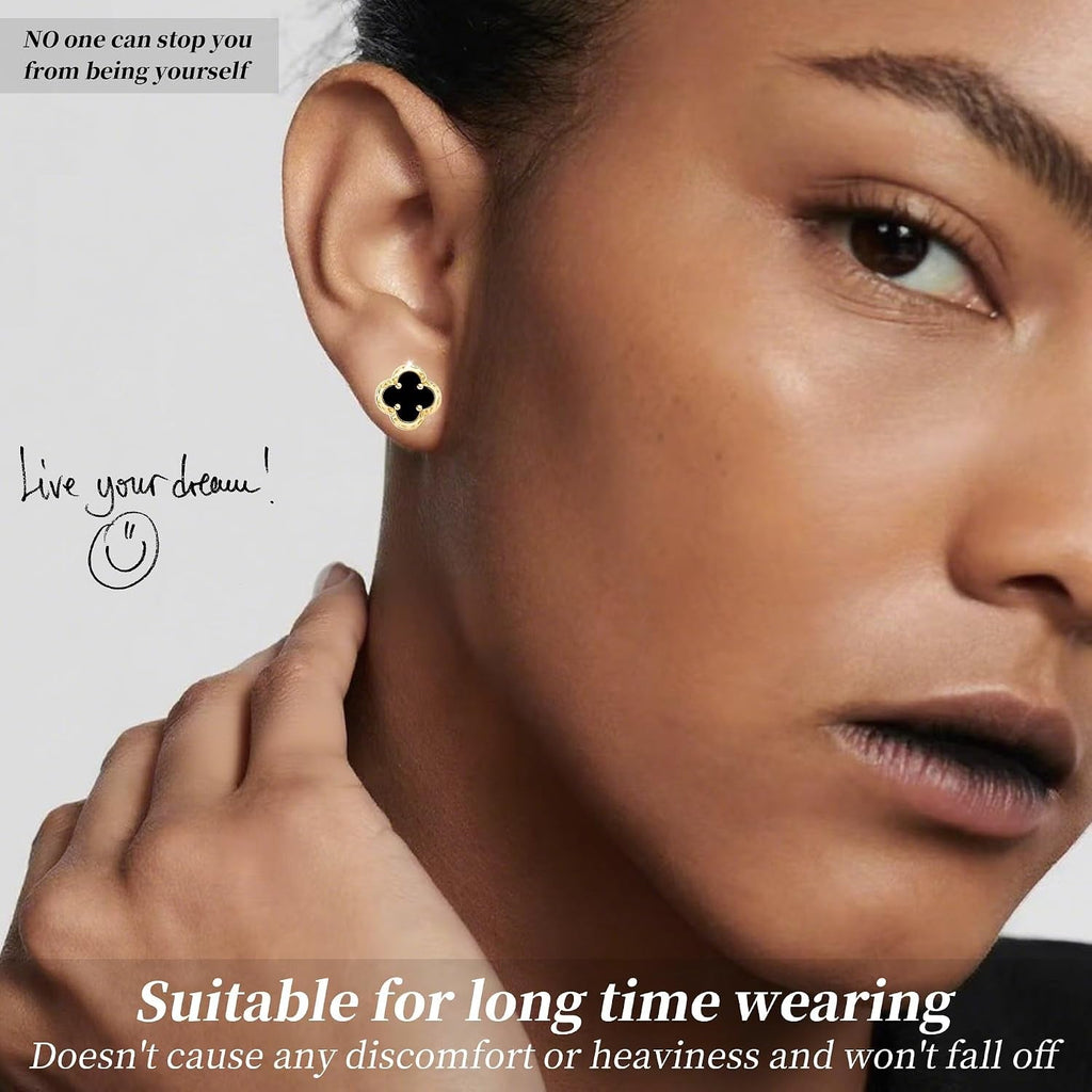 Black Onyx Clover Stud Earrings for Women – 14K Gold Plated Four-Leaf Flower Earrings - KARMARKA