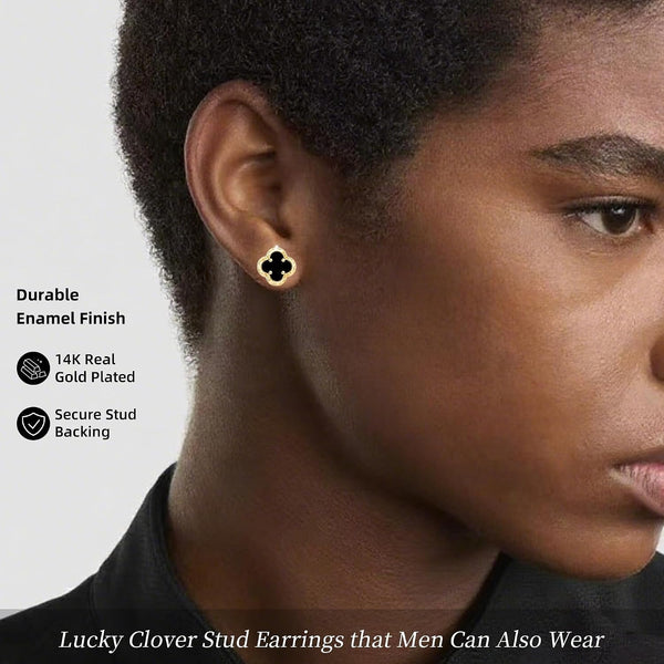 Black Onyx Clover Stud Earrings for Women – 14K Gold Plated Four-Leaf Flower Earrings - KARMARKA