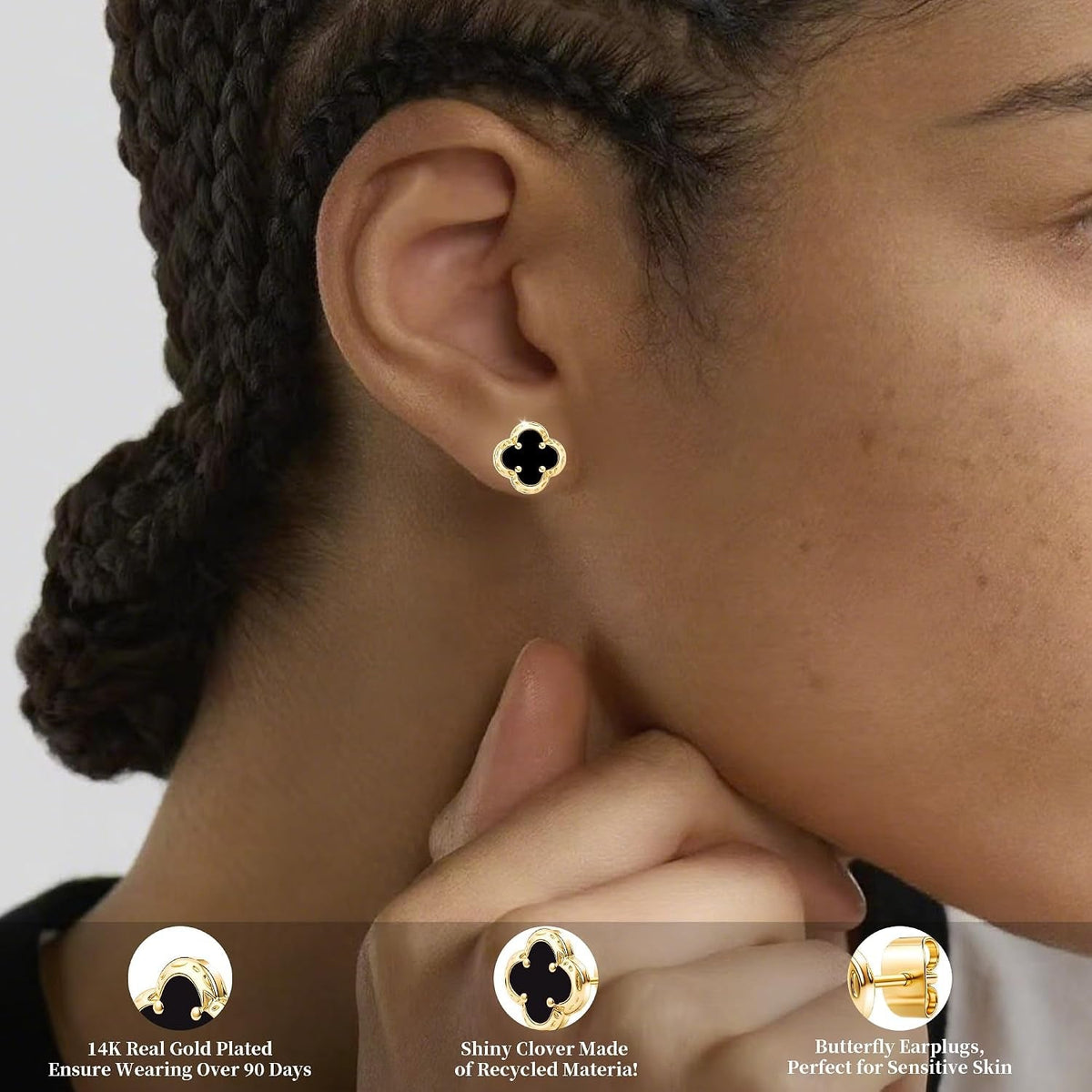 Black Onyx Clover Stud Earrings for Women – 14K Gold Plated Four-Leaf Flower Earrings - KARMARKA