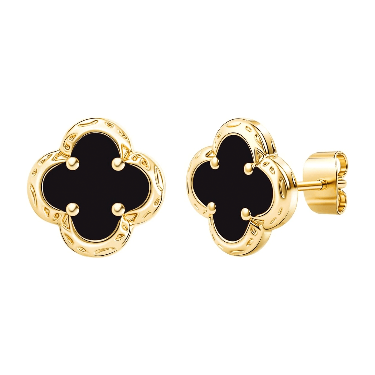 Black Onyx Clover Stud Earrings for Women – 14K Gold Plated Four-Leaf Flower Earrings - KARMARKA